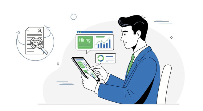 Businessman analyzing hiring data on tablet, recruitment process, HR analytics