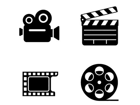 Film production icons set with movie camera clapperboard and reel