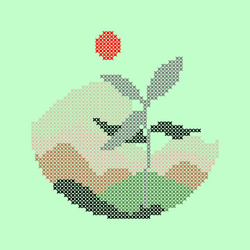 Cross-stitch embroidery of a growing plant seedling under the sun, ecological nature concept in pixel art needlework style on light green background.