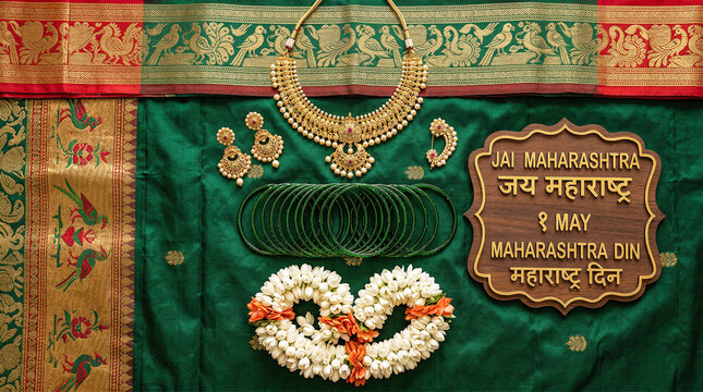 Embrace Marathi elegance! 💚 Featuring Paithani silk, gold jewelry, and glass bangles for Maharashtra Din. A beautiful tribute to the state's rich cultural heritage and feminine grace.