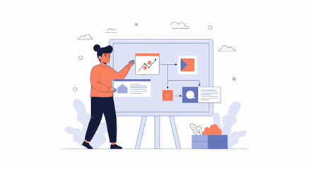 Obraz premium Businesswoman presenting strategy on whiteboard with charts and diagrams, modern flat illustration