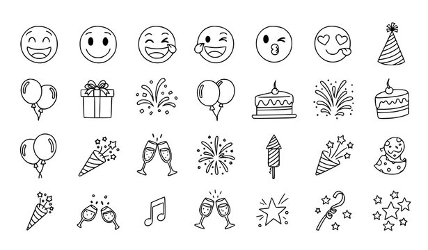 Hand drawn celebration emoticons and party icons set with festive elements bold doodle vector collection