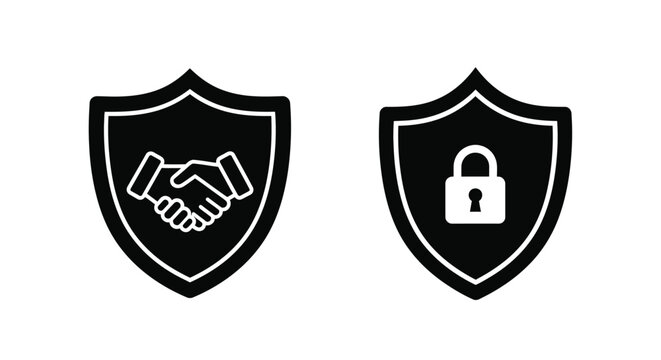 Security and trust icons with handshake and padlock on transparent background silhouette
