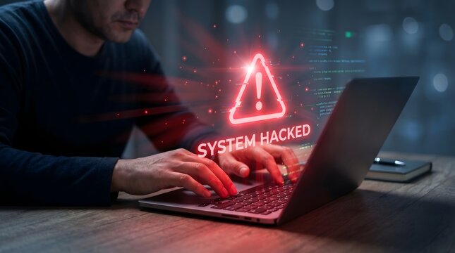 Programmer typing on laptop with red system hacked hologram warning