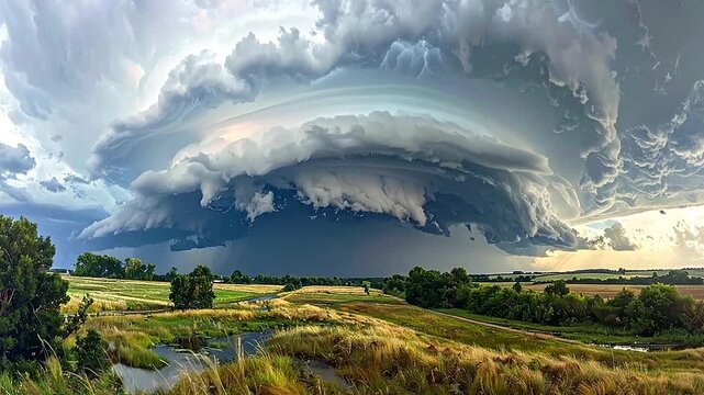 Dramatic cloudscape with a large storm system over a rural landscape during daytime hours