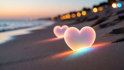 Fototapeta premium Transparent glowing hearts on tropical sand. Eternal love and coastal romance. Luminous heart sculptures reflecting light on a seaside beach at sunset