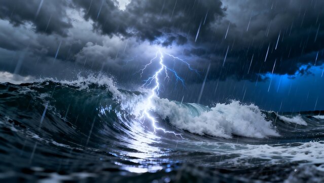 Lightning Flashing Over Crashing Ocean Waves At Night