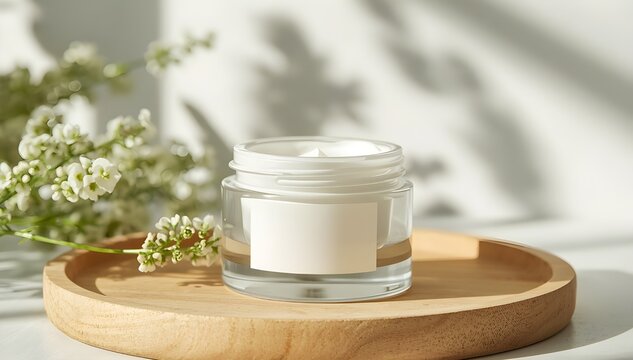 Face cream round container display with botanical shadow and plain white sticker on the front