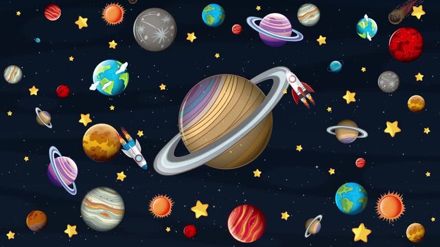 Animated cartoon outer space background with colorful planets stars and rockets floating in galaxy.