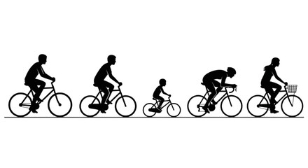Obraz premium Silhouettes of people of different ages and sizes riding bicycles, symbolizing healthy lifestyle and recreational activity