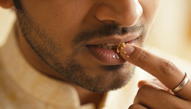 Touching man's lower lip with crumb-covered index finger at home, wearing silver ring, light collar