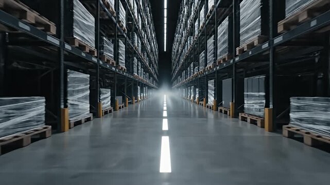 Dark modern warehouse aisle with glowing floor line and stacked pallets.