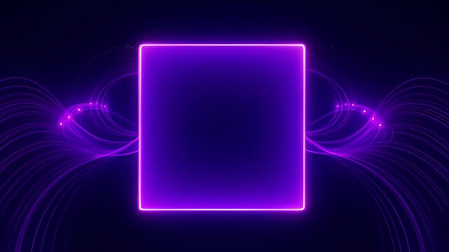 Neon square frame on dark purple background with glowing light wave, abstract futuristic energy design, blue glow, digital light template, empty space for text, purple line, luminous border