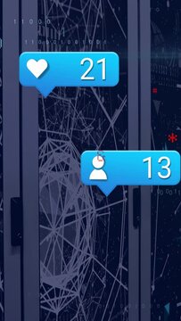 Vertical video: Fragment resolving into tech globe in cabinet, tracking heart 69 user 60 growth