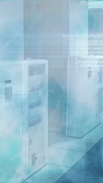 Camera panning corridor while turquoise haze drifting across electrical cabinets, revealing panels