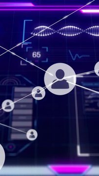 Vertical video: Central avatar emitting connector lines on tag change, mapping tech connectivity