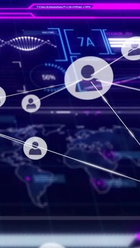 Vertical video: Node appearing left causing nodes linking, hub growing into tech network on HUD map