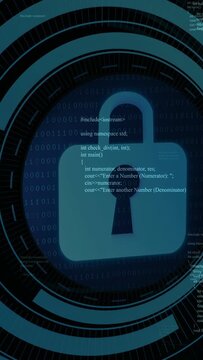 Vertical video: Blue padlock growing with HUD rings sweeping in, over C++ code for security