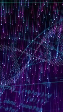 Vertical video: Falling streaks driving helix shifting, rotating, pulsing for biotech display loop