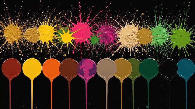 Colorful paint splatters and drips in a row against a black background for design
