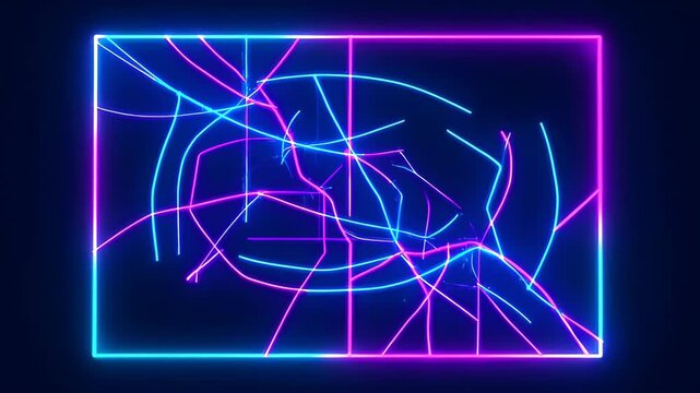 Abstract neon light graphic with neon frame dark background, glowing blue pink purple line frame, abstract futuristic design for banner, template, modern technology style, searchable SEO friendly url