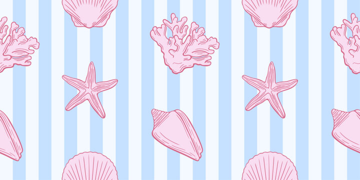 Seamless coastal pattern with hand drawn coral, starfish, sea shells elements in line drawing art style. Marine blue striped background. Summer design print for textile, wrapping paper, fabric.