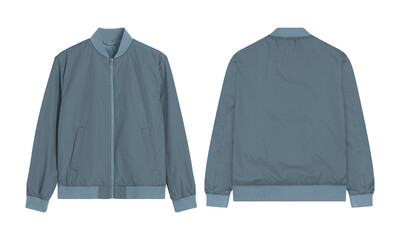 Bomber blue jacket with front and back views for fashion designers. Versatile option for creating trendy outfits and styling concepts. © Textures Background