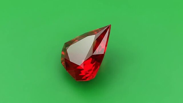 A beautiful, faceted, red gemstone with a brilliant shine on a vibrant, green background