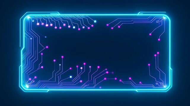 Digital frame circuit board glowing line blue background technology border futuristic design neon electronic pattern dark background, futuristic glowing circuit frame with blue neon technology border