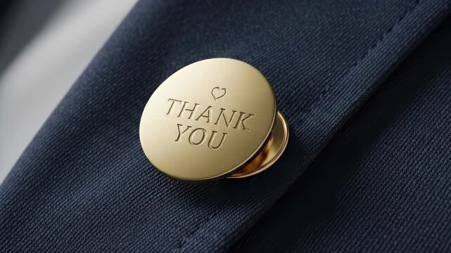 Close up of golden thank you pin on dark blue suit jacket
