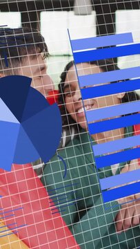 Man putting arm around pal at windows, charts sliding in, obscuring faces, revealing marketing data