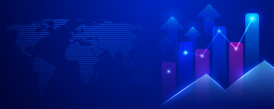 Global financial growth chart with rising arrows on digital background