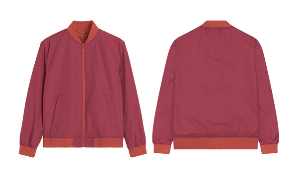 Bomber front and back view reveals the maroon bomber jackets stylish versatile design.