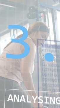 Vertical video: Woman grabbing kettlebell, lifting while overlay tallying reps and tracking health