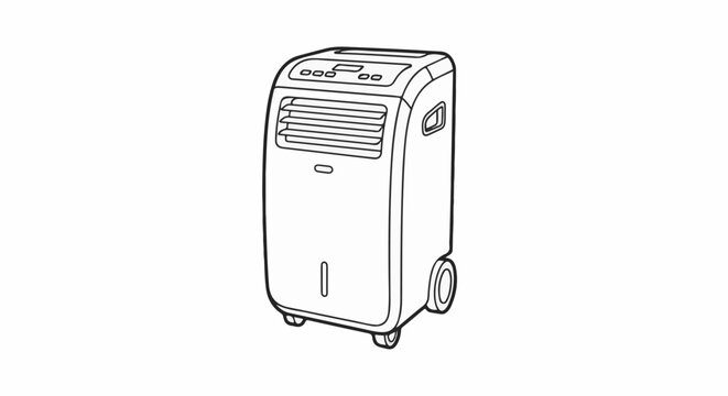A line drawing of a portable air cooler with wheels and controls