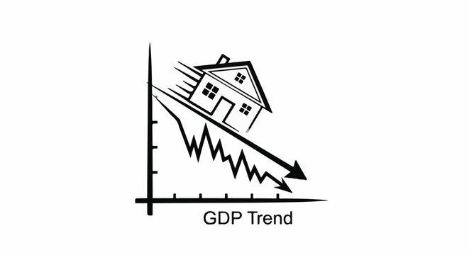 A house tumbles down a downward trending graph labeled GDP Trend