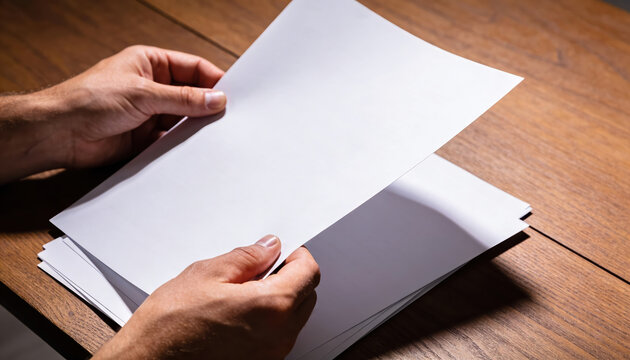 Adult hands carefully picking blank paper sheets. Person displays focused and diligent expression while sorting documents on wooden table