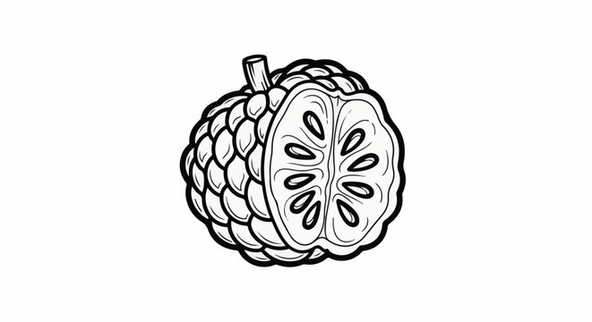 A detailed, hand-drawn black and white illustration of a halved soursop fruit