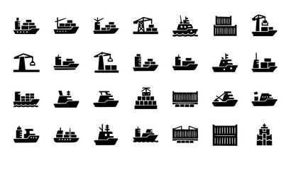 Maritime shipping icon set container ship cargo crane tugboat vector isolated on white background © Sifat
