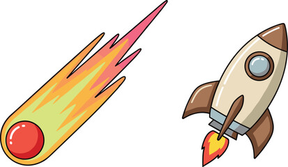 Cartoon Meteor and Rocket Launch Illustration, Space Objects for Astronomy, Exploration, and Sci Fi Design © Minara