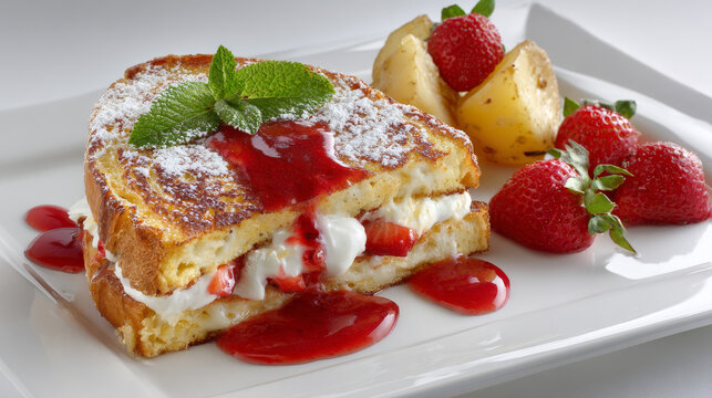NO PLATE, French toast sandwich with strawberry and small amount of cream cheese topped with strawberry coulis. Served with a fruit bowl and breakfast potato.