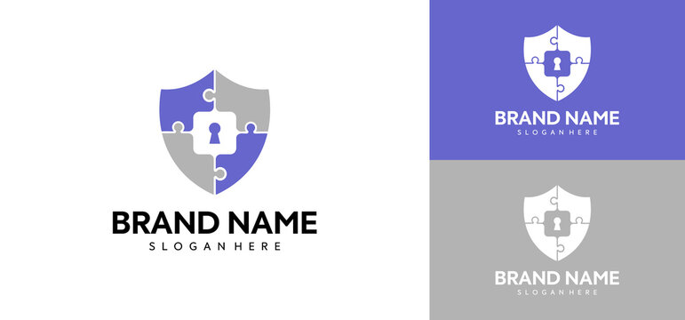 Logo design with shield and puzzle piece.