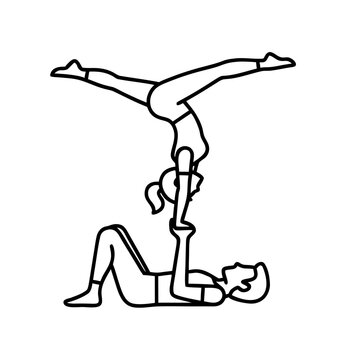 Two adults practicing acro yoga together in a balanced pose  