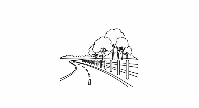 A winding road curves past a wooden fence and trees under a cloudy sky