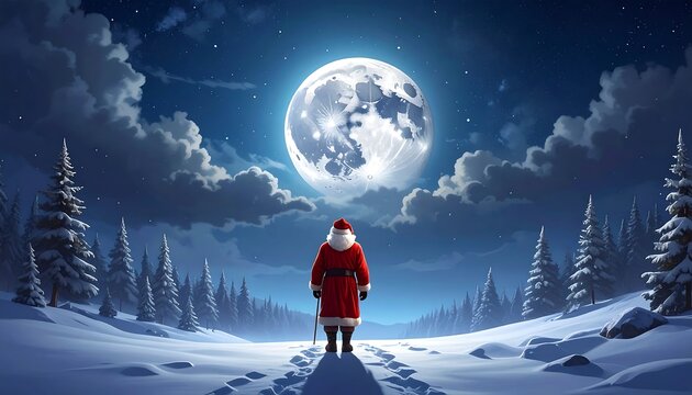 A person in a red coat stands on a snowy path under a large moon