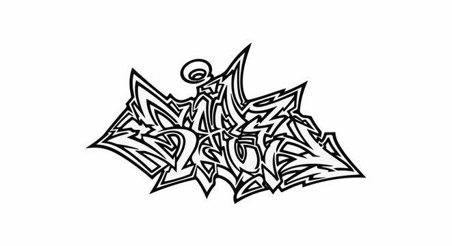 Black and white graffiti lettering with sharp, angular, and flowing lines