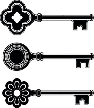 Set of 3 Ornate Vintage Keys with Floral and Round Designs for Decorative, Antique, and Gothic Style Graphics