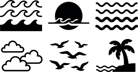 Fototapeta premium Black and white sea waves palm tree clouds and flying birds vector icons