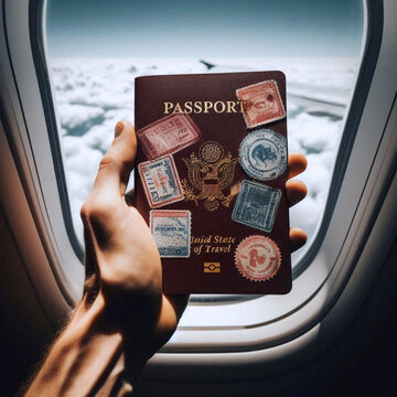 A weathered hand holding an open, well-stamped passport against a backdrop of airplane window clouds, Ai generated image