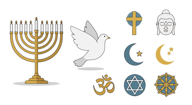 Religious Symbols Collection: Christianity, Judaism, Islam, Buddhism, Hinduism, Peace